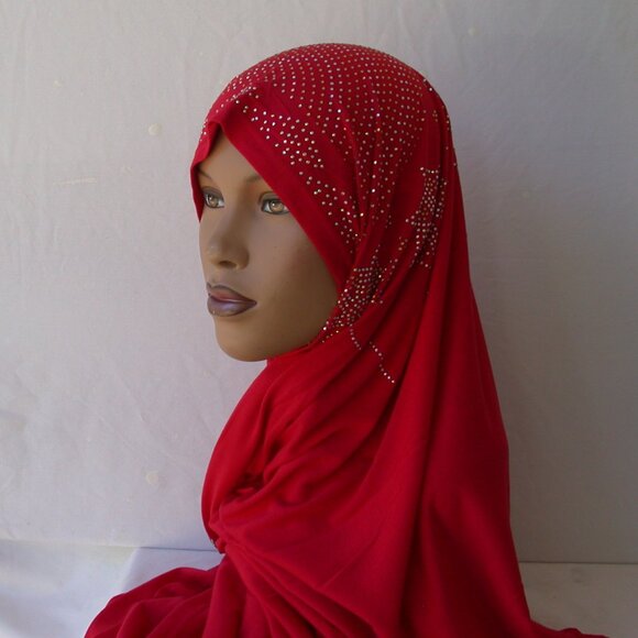 Muslim Hijab RED Shayla Fashion Rhinestones Jersey Scarves 28 x 70 inch Scarf - Picture 1 of 2